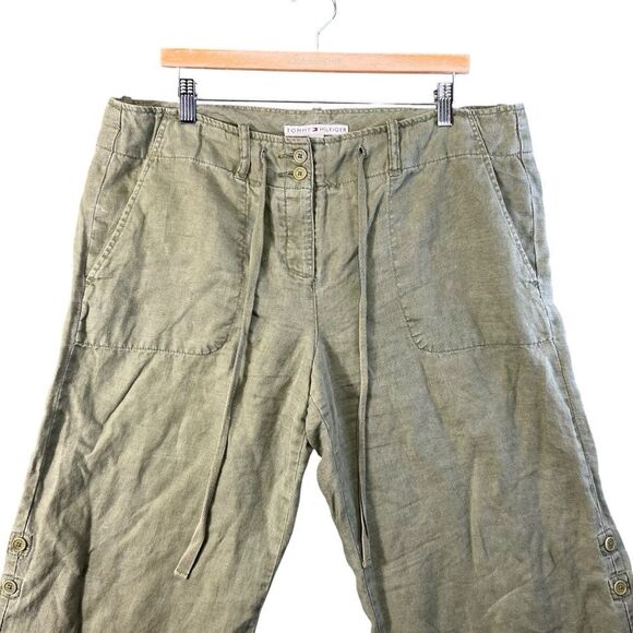 2005 y2k Tommy Hilfiger linen blend wide leg cargo crop pants size 12 roll up - Picture 3 of 16